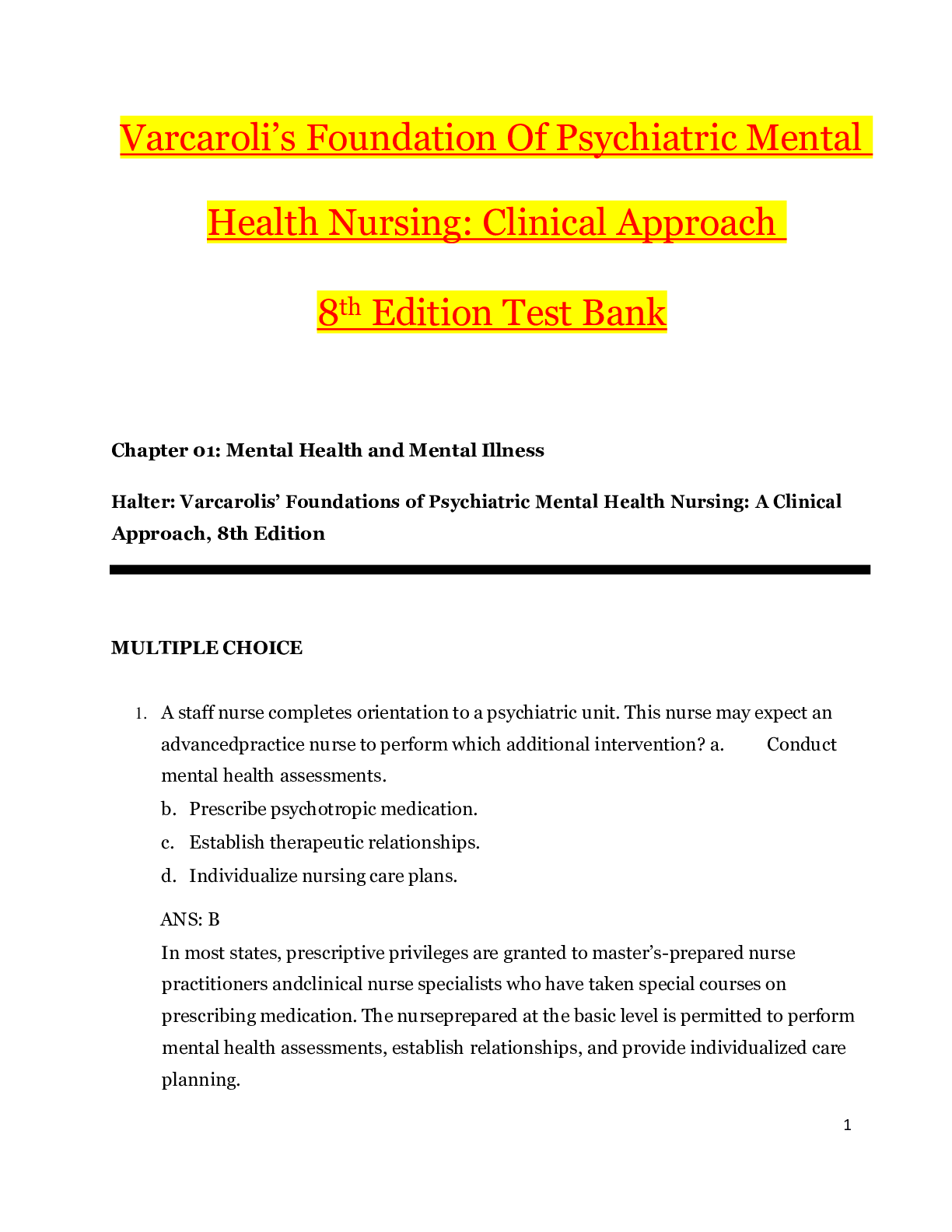 Preview image for Varcaroli’s foundation of psychiatric mental health nursing - Clinical approach 8th edition_TEST BANK | Answers 7 Rationale (36 chapters )_2022/2023